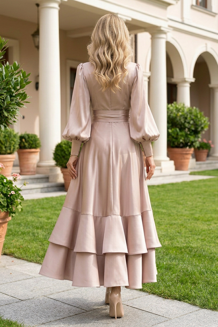 Tiered Satin Maxi Dress with Bishop Sleeves