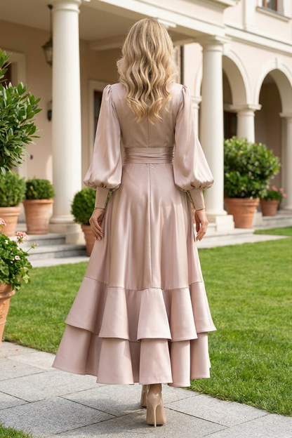 Tiered Satin Maxi Dress with Bishop Sleeves