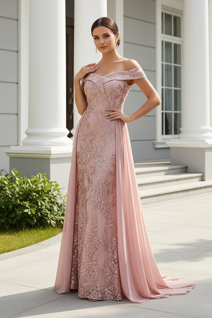 Off-the-Shoulder Sequined Mermaid Gown with Overskirt