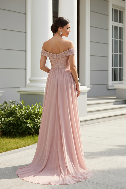 Off-the-Shoulder Sequined Mermaid Gown with Overskirt