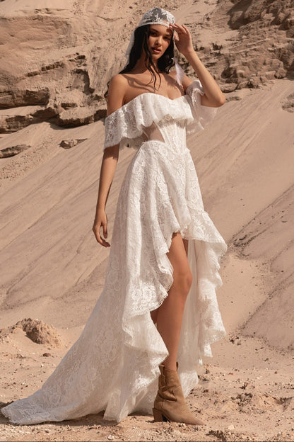 Off-Shoulder Lace High-Low Wedding Dress