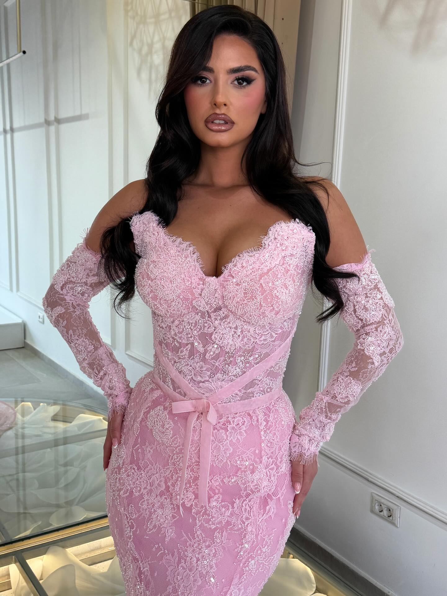 Off-the-Shoulder Lace Mermaid Gown with Corset Back