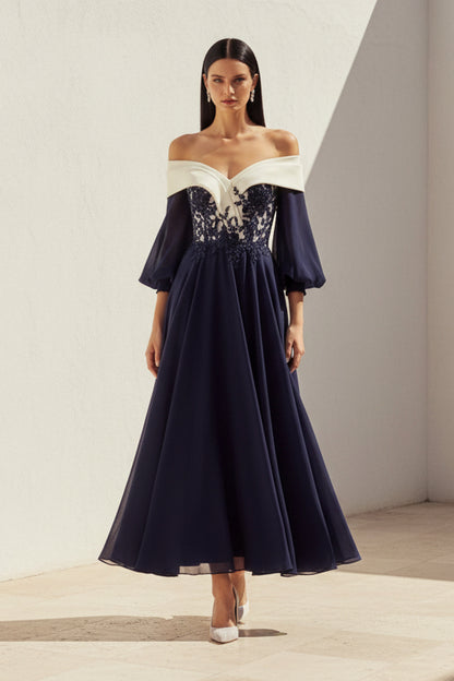 Off-the-Shoulder Lace Chiffon Tea-Length Dress