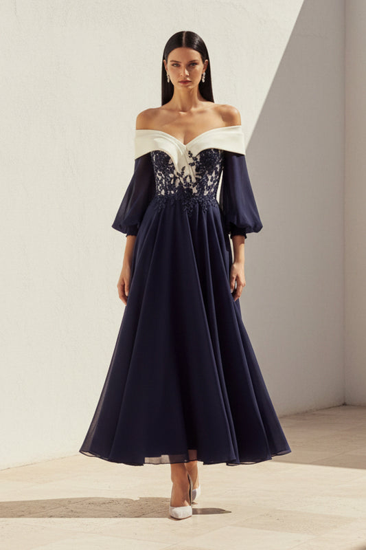 Off-the-Shoulder Lace Chiffon Tea-Length Dress