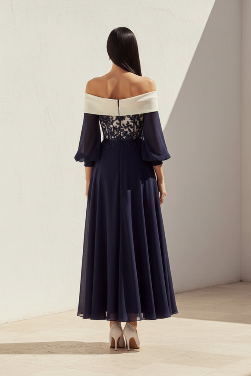 Off-the-Shoulder Lace Chiffon Tea-Length Dress