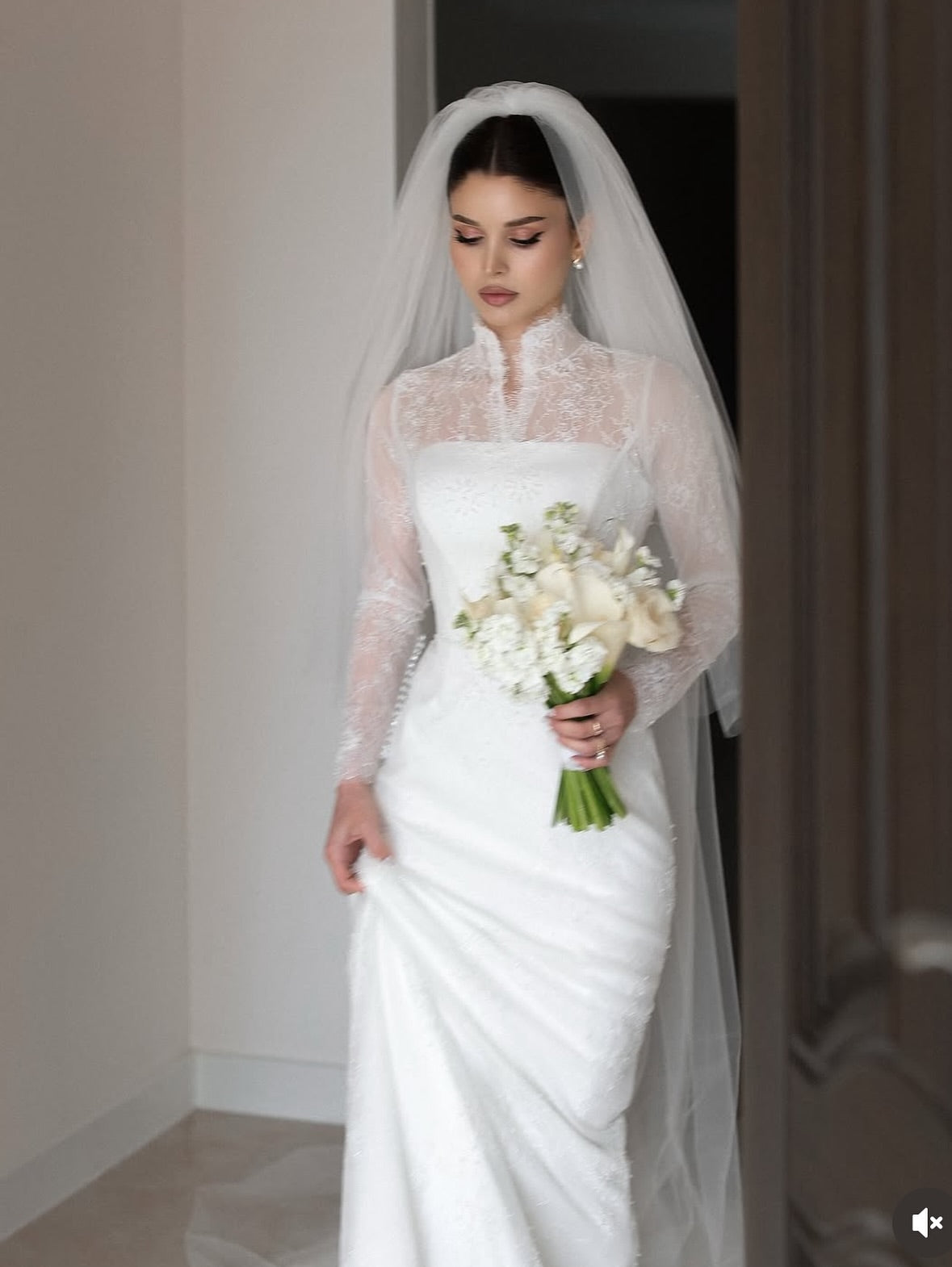 Lace High Neck Long Sleeve Wedding Dress with Corset
