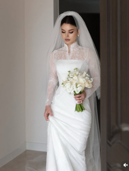 Lace High Neck Long Sleeve Wedding Dress with Corset