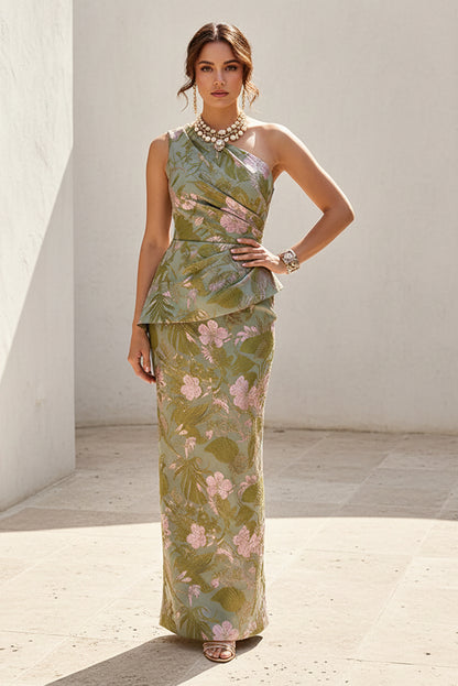 One-Shoulder Jacquard Peplum Evening Gown