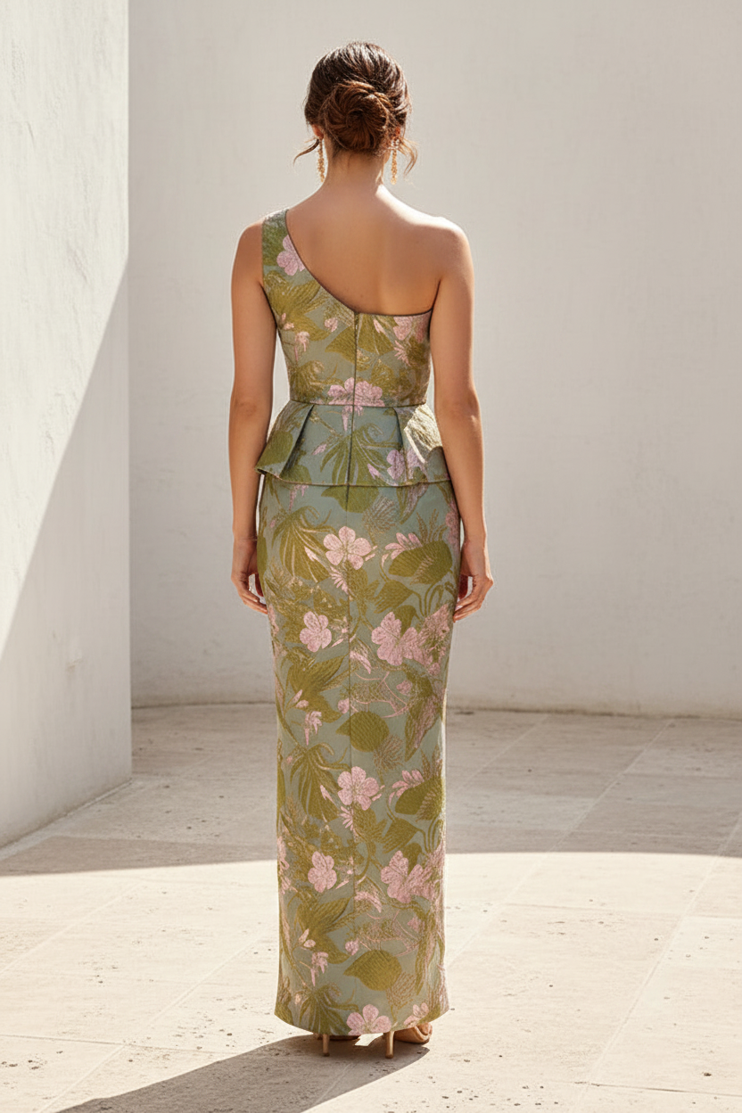 One-Shoulder Jacquard Peplum Evening Gown