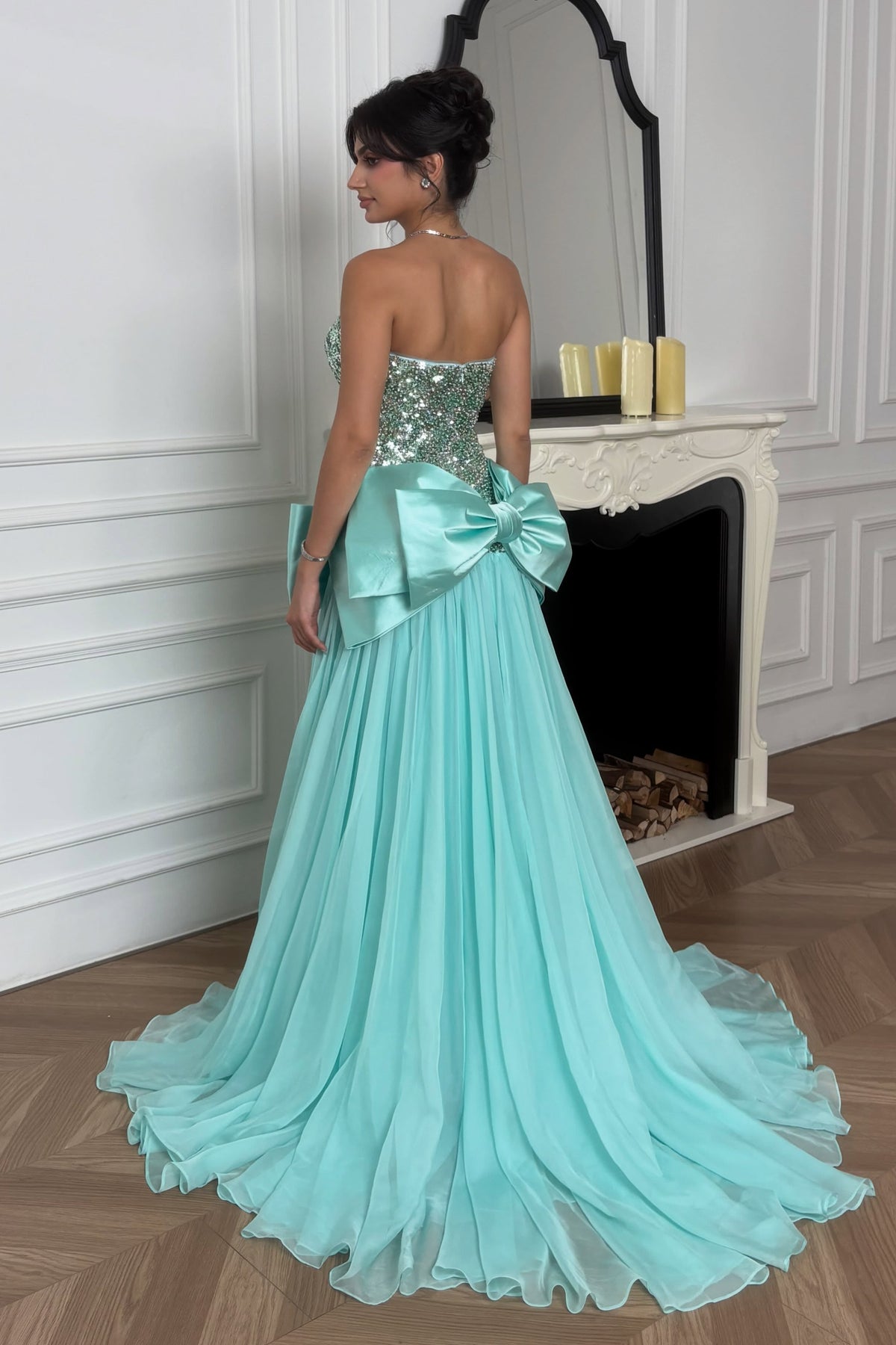 Strapless Beaded Bodice Gown with Statement Bow
