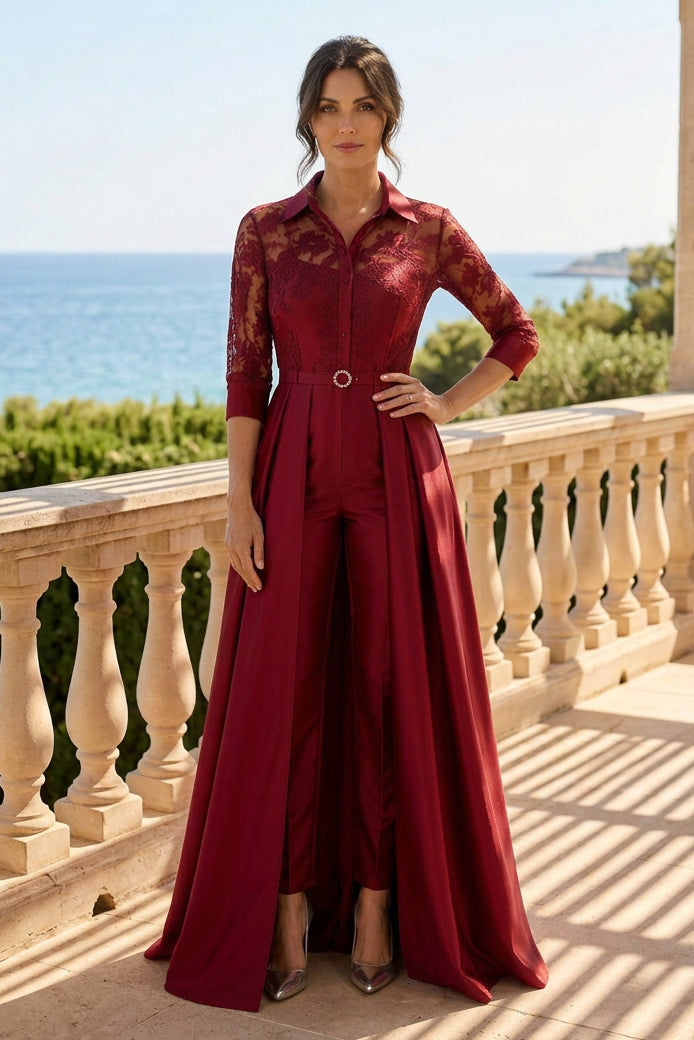 Lace Shirt Jumpsuit with Pleated Overskirt