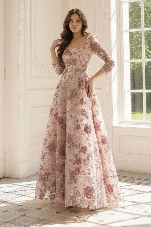 Embroidered Square Neck A-Line Evening Dress