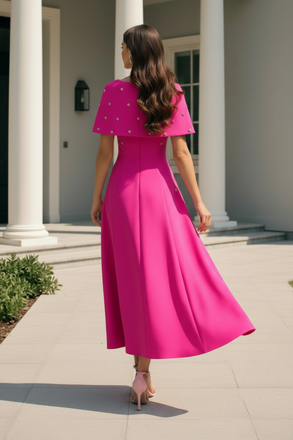 Beaded Cape Off-The-Shoulder A-Line Midi Dress