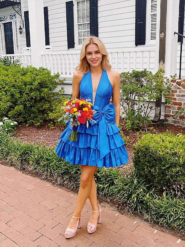 Plunging Halter Tiered Mini Dress with Waist Bow