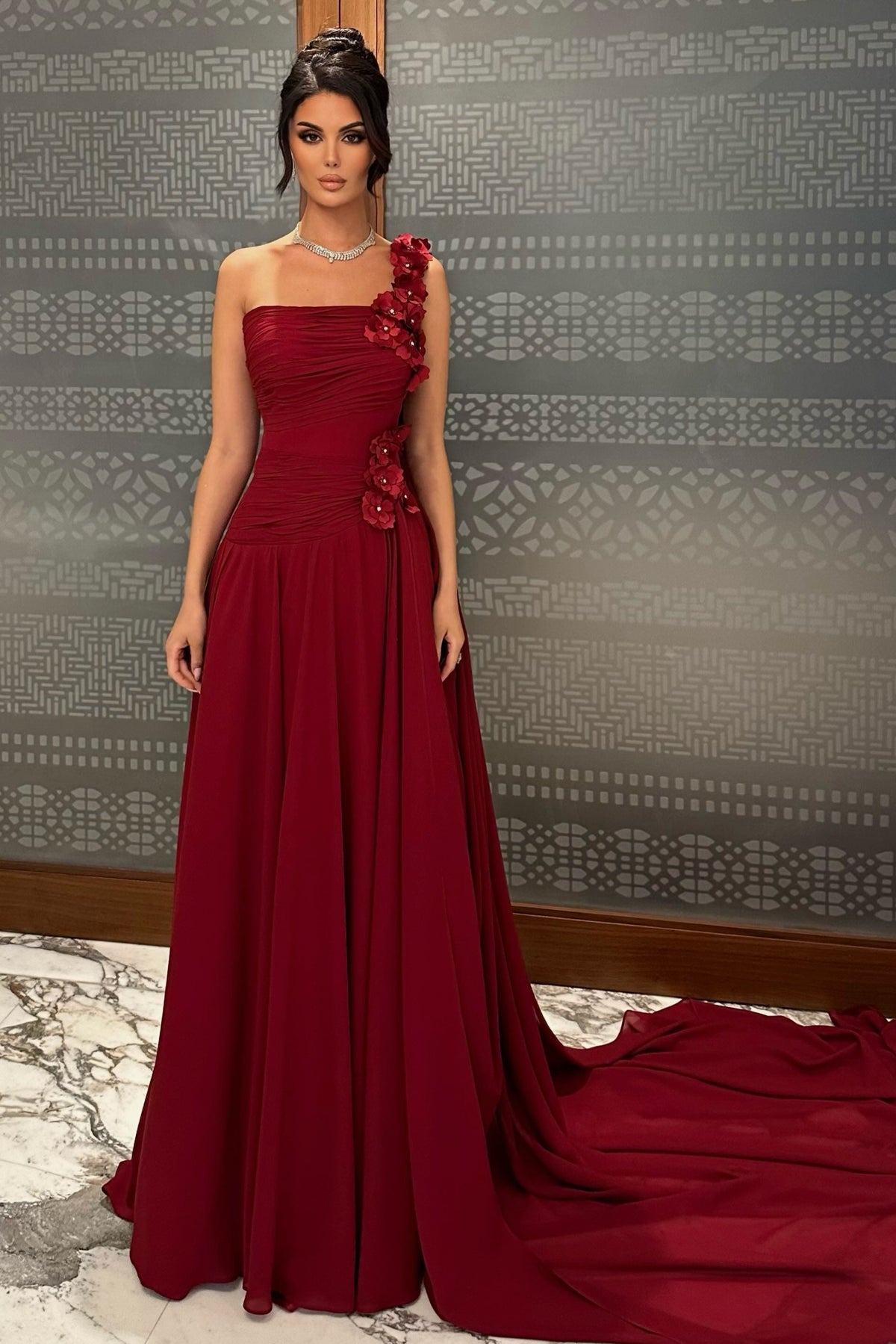 One-Shoulder Floral Appliqué Ruched Evening Gown