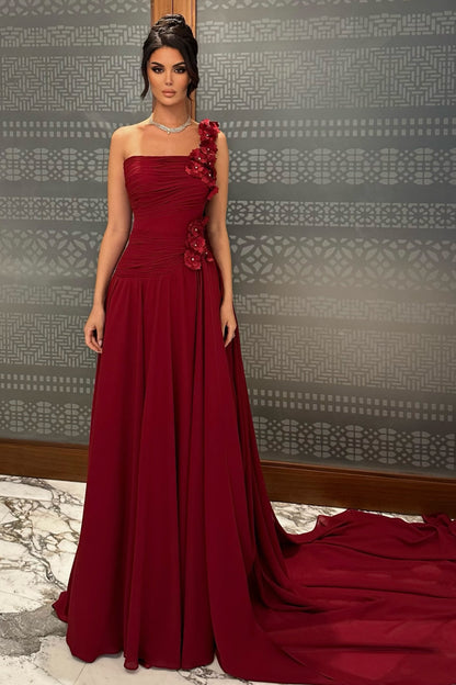 One-Shoulder Floral Appliqué Ruched Evening Gown