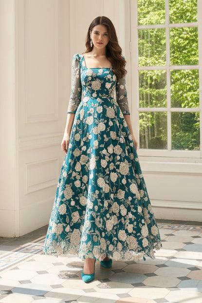 Embroidered Square Neck A-Line Evening Dress