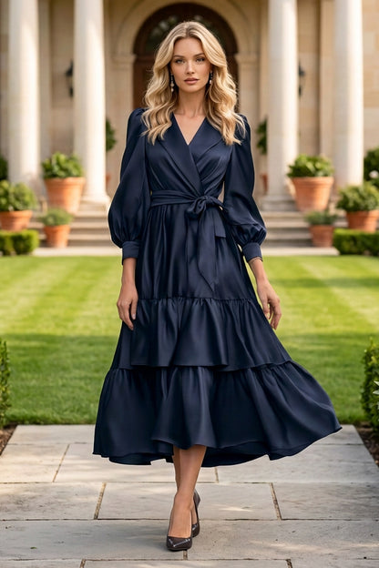 Tiered Wrap Midi Dress with Balloon Sleeves