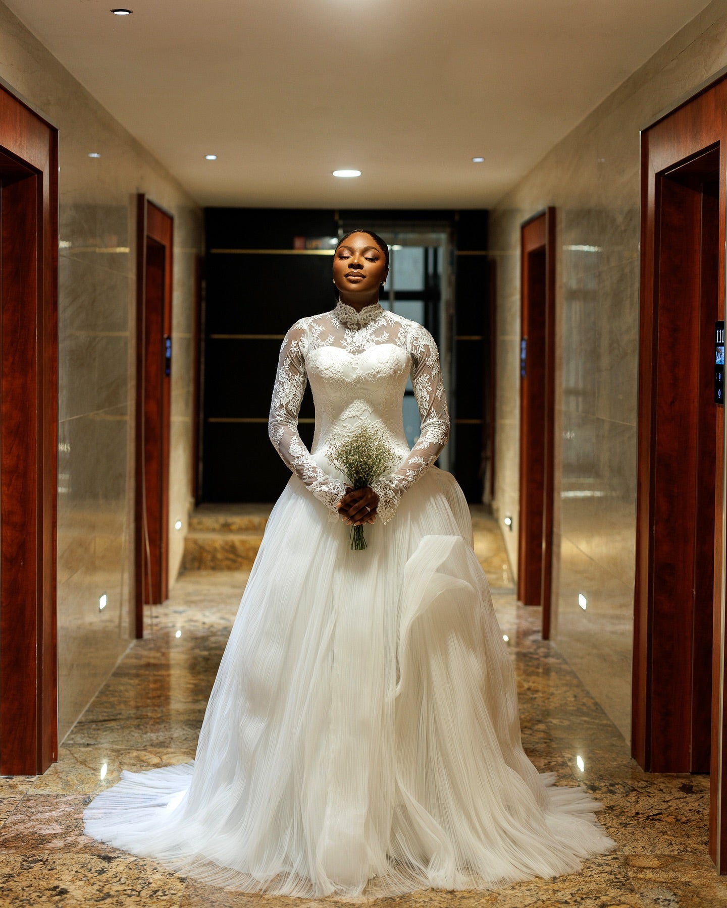 High Neck Lace Long Sleeve Ball Gown Wedding Dress