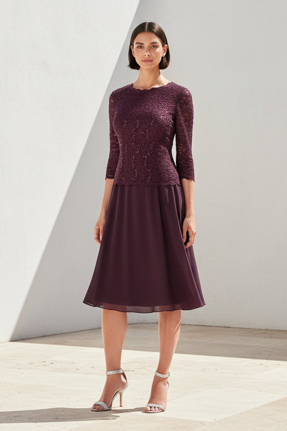 Mock Two-Piece Lace and Chiffon Midi Dress