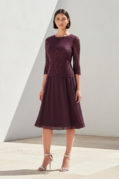 Mock Two-Piece Lace and Chiffon Midi Dress