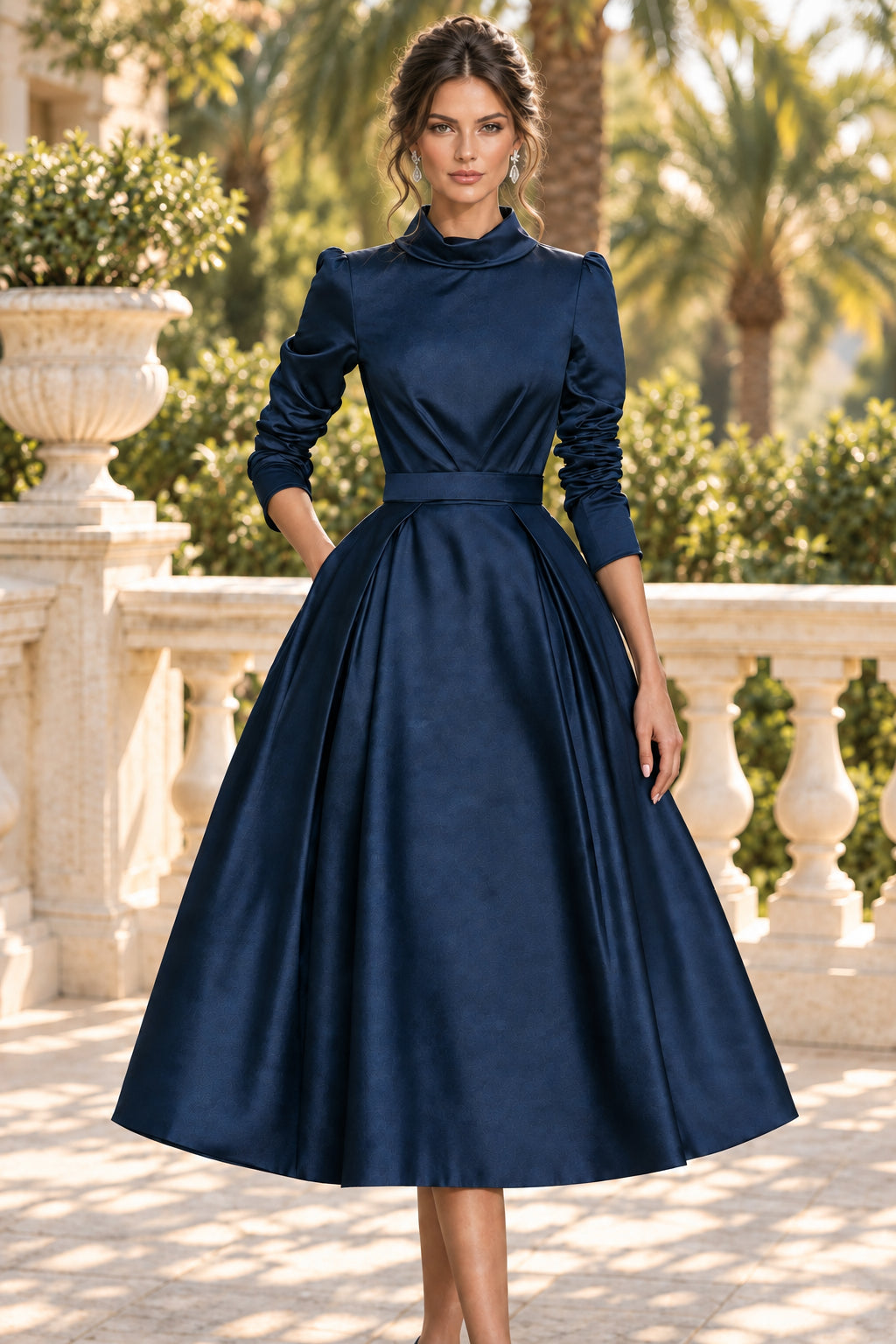 High Neck Satin Midi Dress with Tie Waist