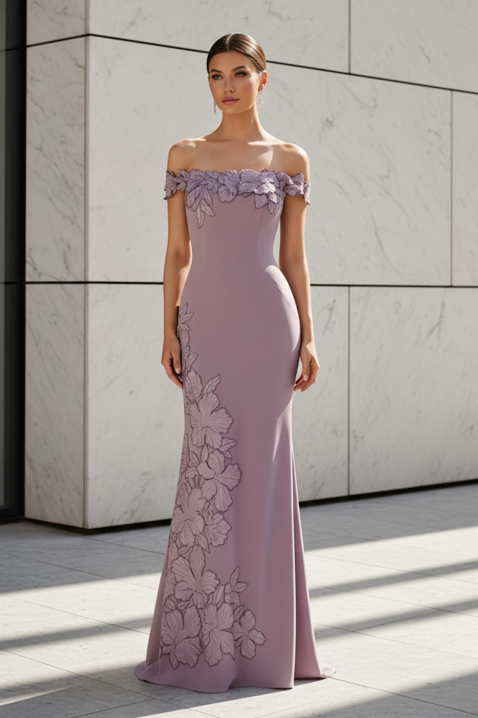 Off-Shoulder Floral Applique Mermaid Gown