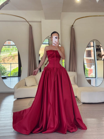 Strapless Satin Corset Ball Gown with Pockets
