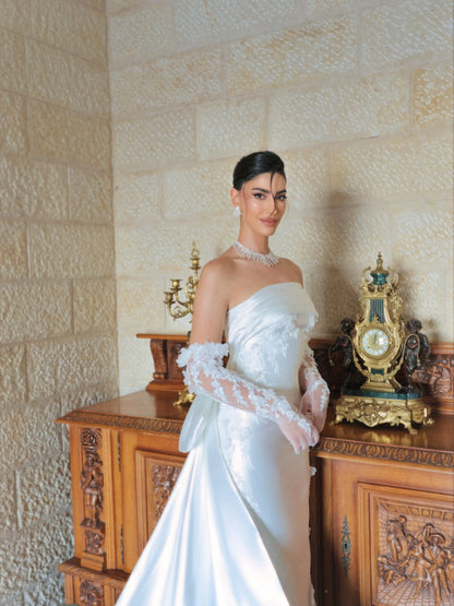 Strapless Satin Wedding Dress with Lace Train