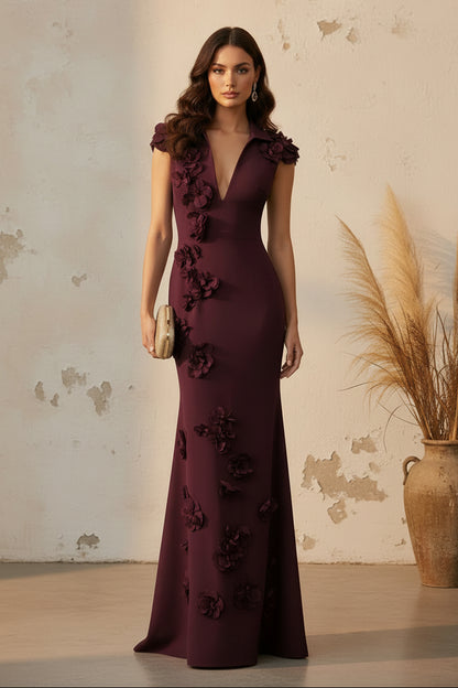 Collared V-Neck Mermaid Evening Gown with 3D Flowers