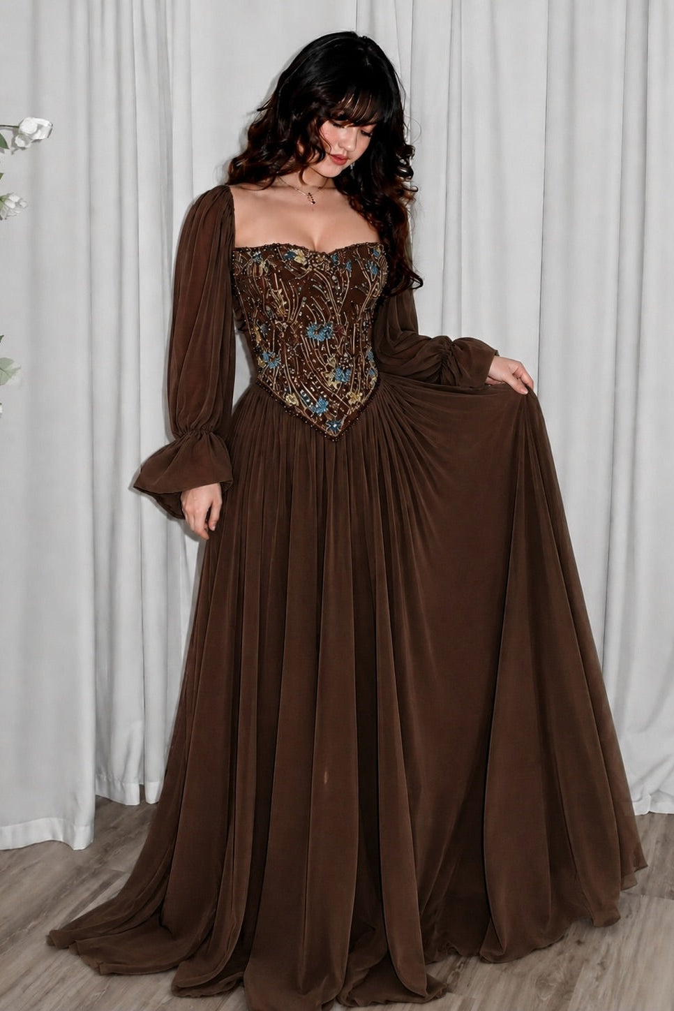 Embroidered Corset Gown with Long Puff Sleeves