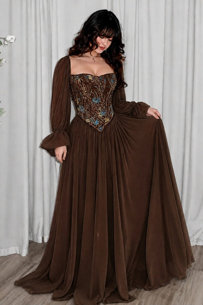 Embroidered Corset Gown with Long Puff Sleeves