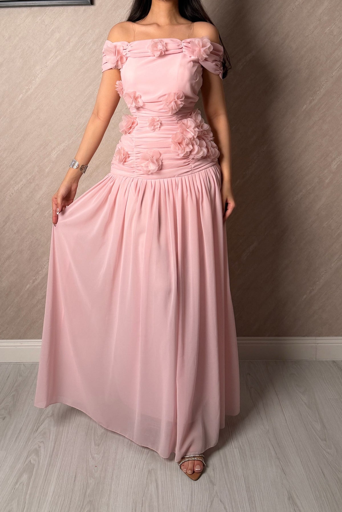 Off-the-Shoulder Floral Appliqué Maxi Dress