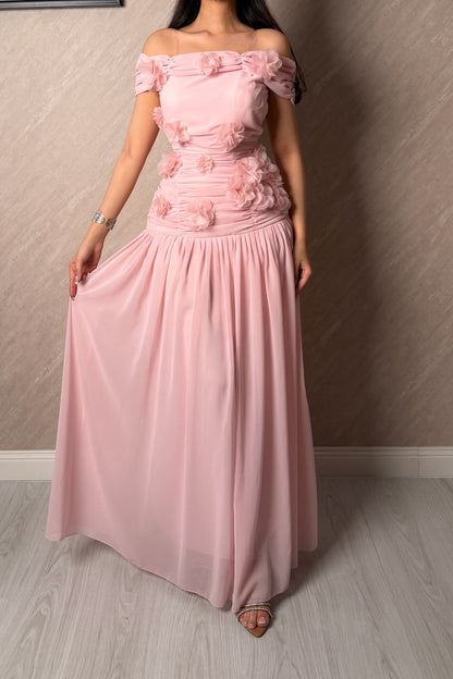 Off-the-Shoulder Floral Appliqué Maxi Dress