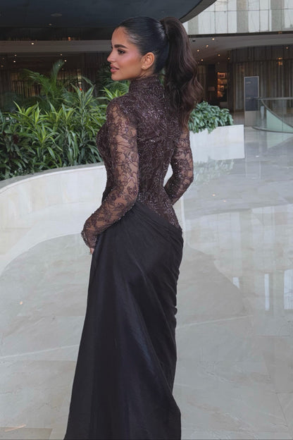 Lace Bodice Keyhole Evening Gown with Draped Skirt