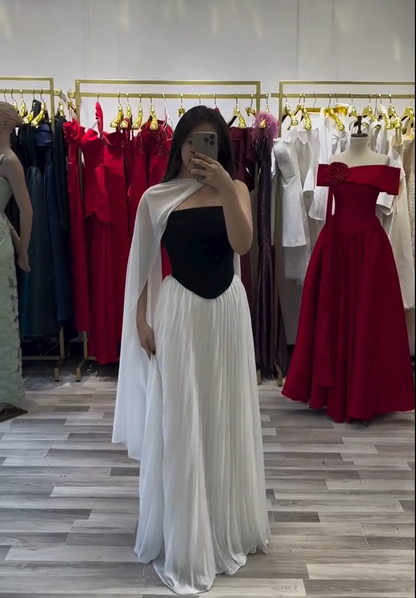 Strapless Corset Gown with Pleated Skirt and Cape