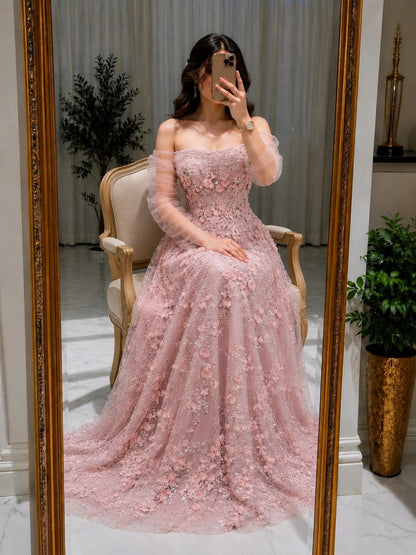 Off-the-Shoulder 3D Floral Tulle A-Line Gown