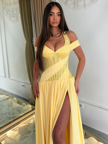 Pleated Corset Halter Evening Gown with Slit