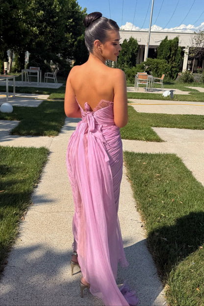 Strapless Sweetheart Pleated Evening Gown with Tie Back