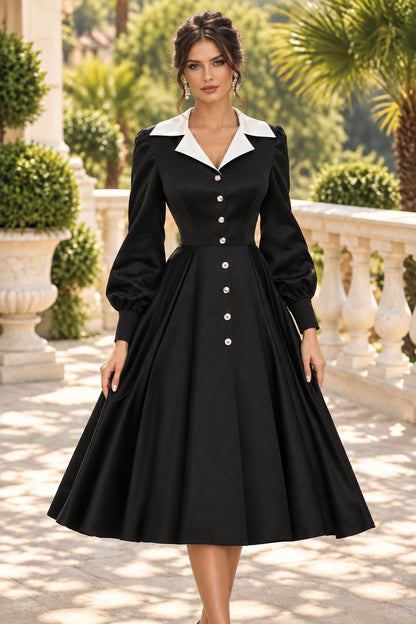 Collared Midi Dress with Long Bishop Sleeves