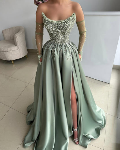Pearl Beaded Corset Satin Evening Gown with Slit