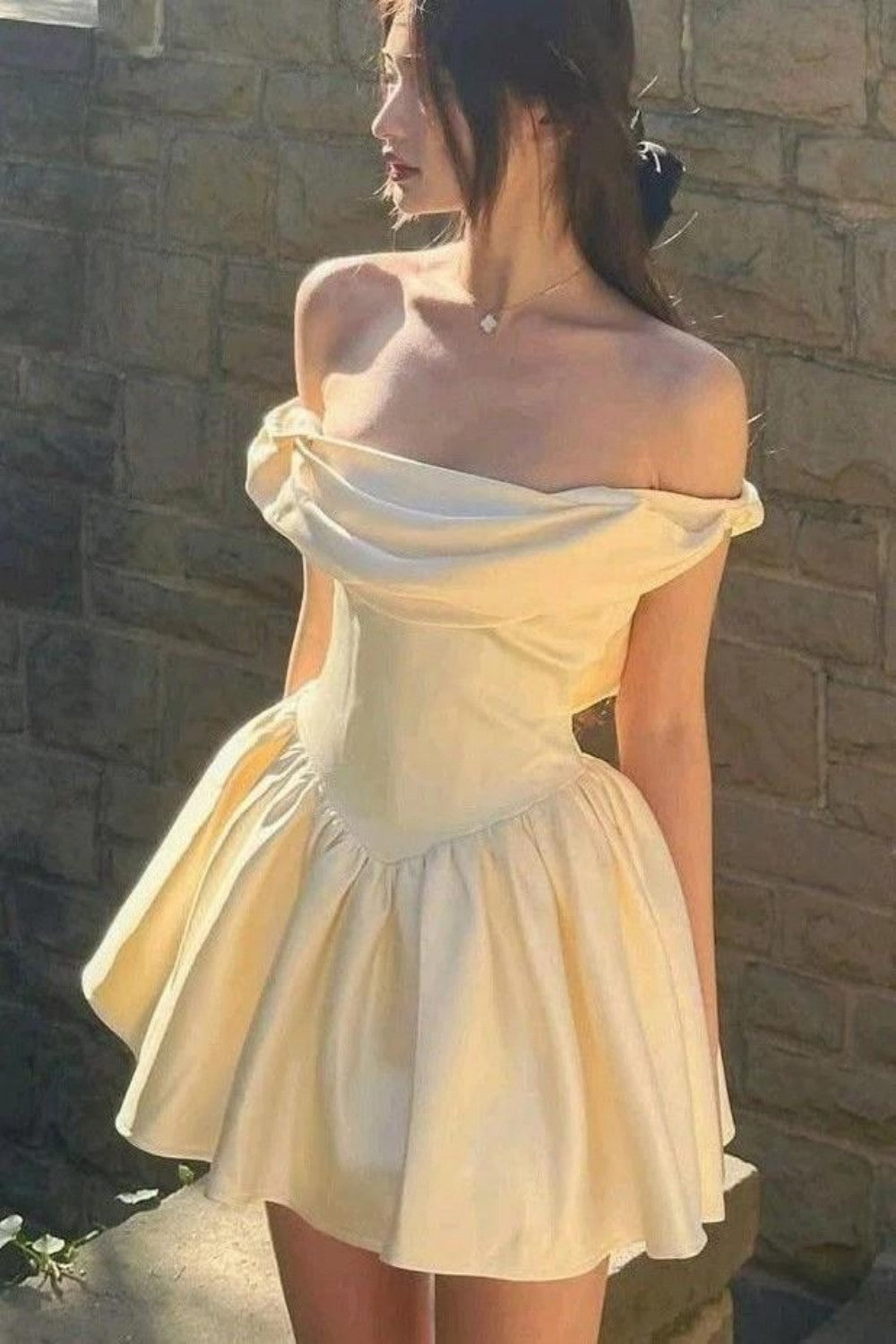 Off-the-Shoulder Satin Mini Dress with Basque Waist