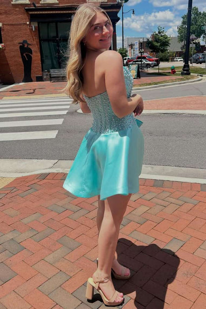 Strapless Pearl Beaded Corset Mini Dress with Bow