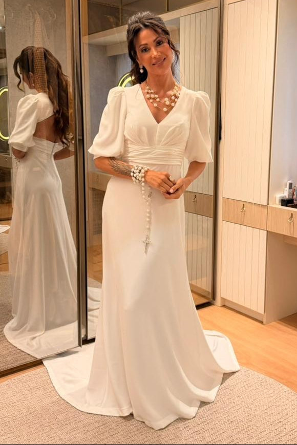 V-Neck Crepe Wedding Dress with Open Back