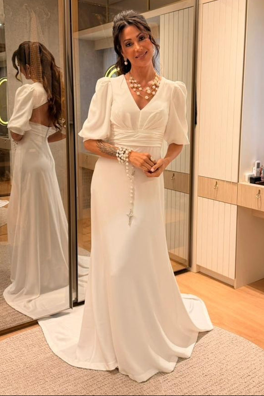 V-Neck Crepe Wedding Dress with Open Back