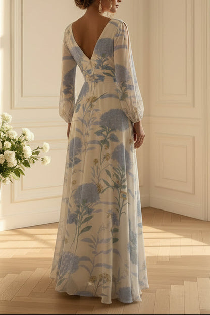 Floral Print V-Neck Maxi Dress with Long Sleeves