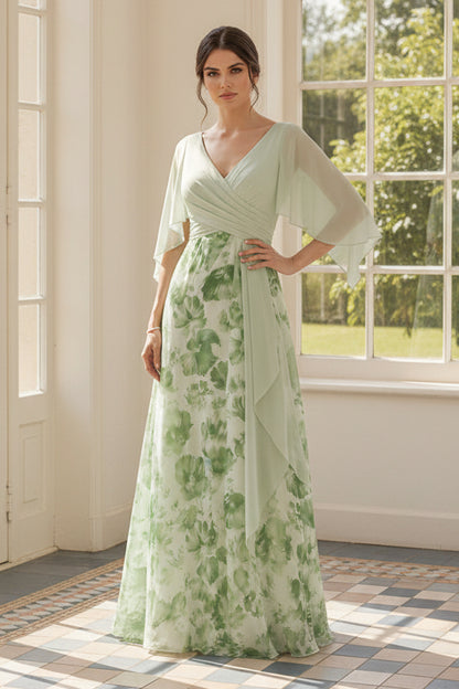 Floral A-Line Chiffon Dress with Flutter Sleeves