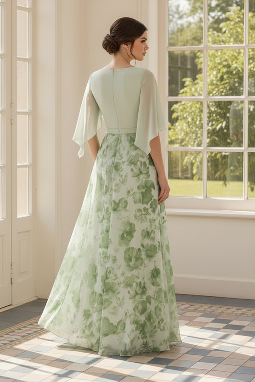 Floral A-Line Chiffon Dress with Flutter Sleeves