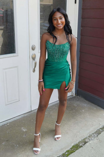 Strapless Beaded Corset Satin Bodycon Mini Dress