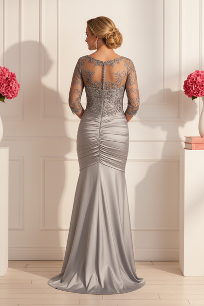 Illusion Lace Sleeve Ruched Mermaid Evening Gown